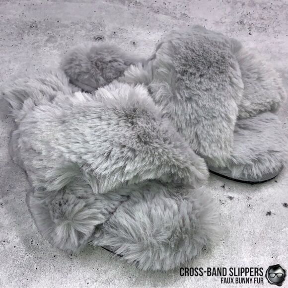 FUZZY FAUX BUNNY FUR CROSS BAND SLIPPERS IN GREY NON-SLIP SIZE MEDIUM 5.5 - 6.5 - Picture 3 of 14